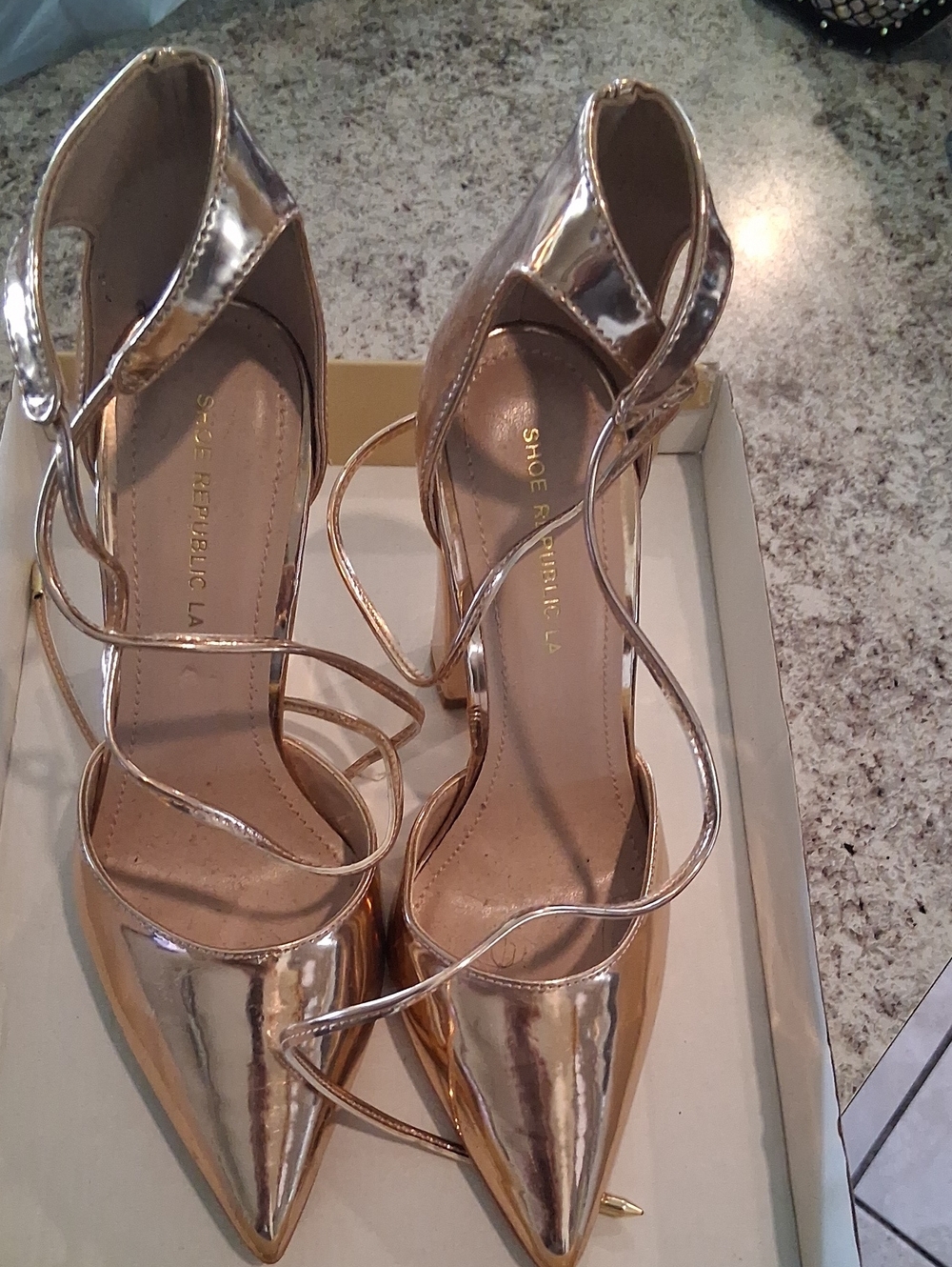 Shoe Republic LA Rose Gold Pointed Lace-Up Heels